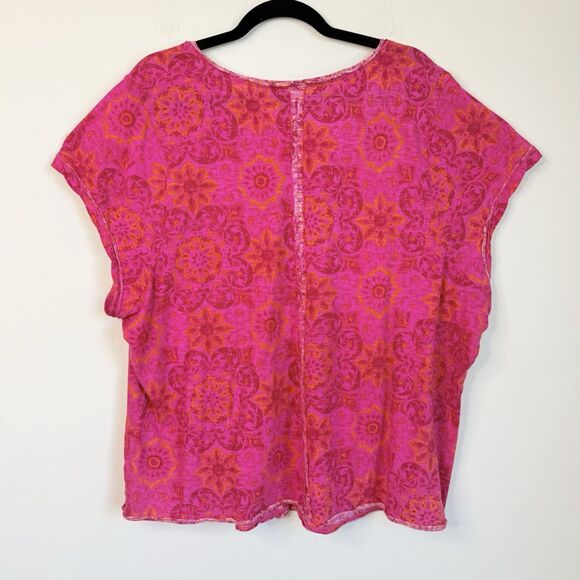 Pilcro Anthropologie 2X Boho Pink Flower Colorful Artsy Raw Hem V Neck Top - Picture 9 of 14